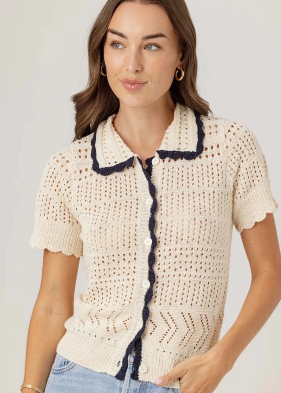 Maeve by Anthropologie Short-Sleeve Open-Stitch Polo Cardigan Sweater XXS